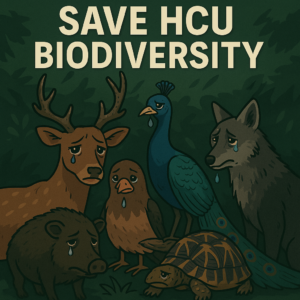 "Crying abandoned animals in distress, depicting the sorrow of displaced wildlife due to habitat destruction at Hyderabad Central University (HCU). A powerful visual urging action to save HCU biodiversity.
